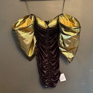 ASOS LUXE bardot velvet ruched mini dress in gold and black